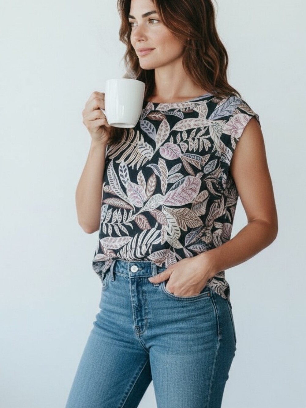 Ann Taylor Factory Women's Black Botanical Print Cap-Sleeve Top Size Medium - Picture 1 of 8